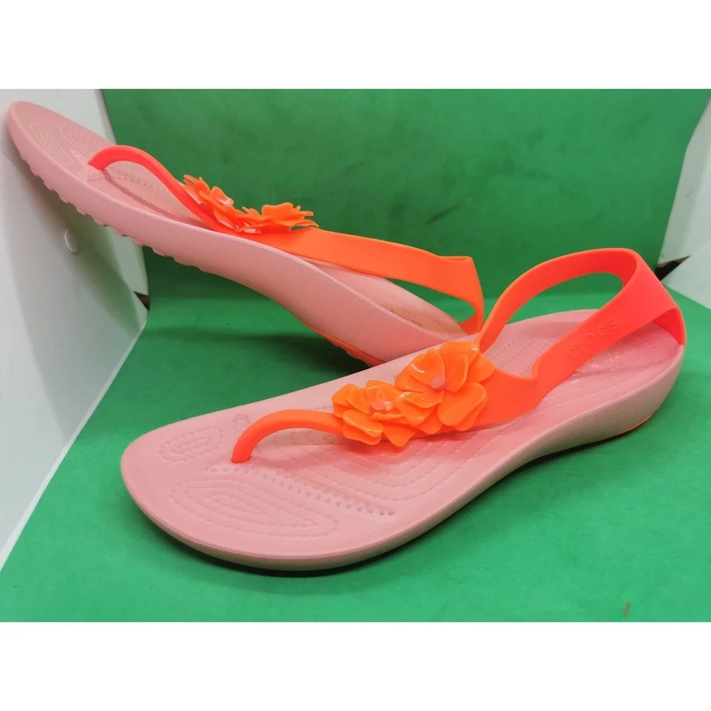 Crocs Serena Flower Embellished Flip Sandal Womens Siz 11 Bright Coral/Melon NEW